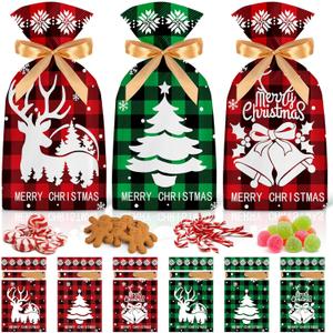 30 Pcs Christmas Treat Bags - Merry Christma Drawstring Gift Bags, Plastic Red Green Plaid Christmass Goodie Candy Goody Snack Bags Bulk for Cookie Gifts Xmas Holiday Christmas Party Favors Supplies
