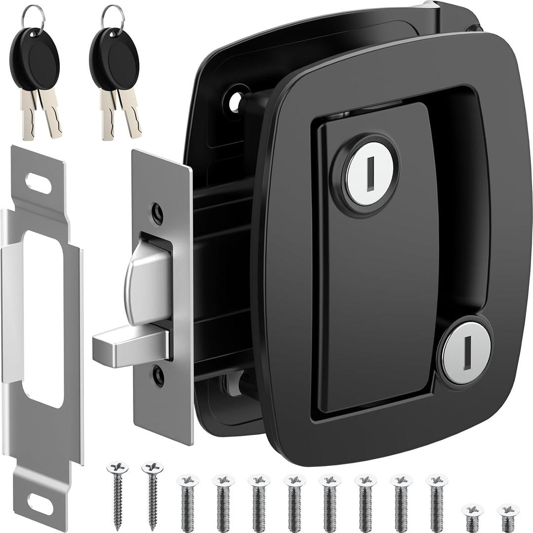 WELLUCK RV Entry Door Lock with Paddle Deadbolt, Camper Door Latch Handle, RV Door Lock Replacement Kit Secure for Camper Horse Travel Trailer Cargo Hauler (Aluminum Alloy Black)