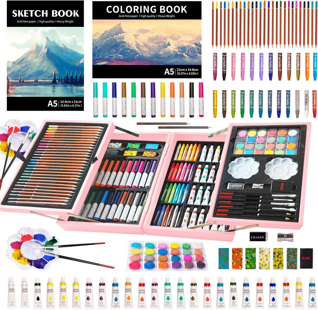 KINSPORY Art Set, 139 Pack Painting Drawing Art Supplies Kit with 2 Sketch Pads, Deluxe Double Layers Art Set Crafts, Colored Pencils, Oil Pastels, Watercolor Paints, Gift for Artists Kids (Rose Pink)