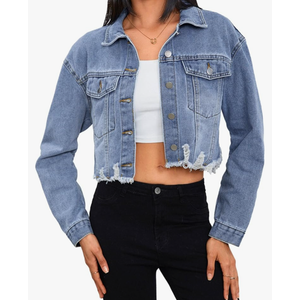 Women's Crop Denim Jacket Casual Long Sleeve Ripped Frayed Hem Jean Jackets M