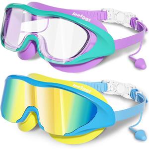 Swimming Goggles for Kids 8-14, 2 Pack Anti Fog UV Kids Swim Goggles with Ear Plugs Attached