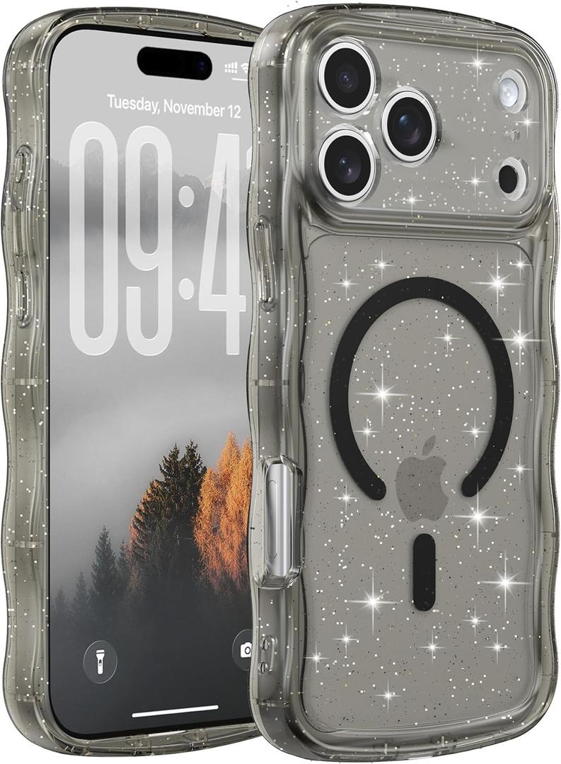 FABSPARK Case for iPhone 17 Pro Max,Compatible with MagSafe, Magnetic Clear Curly Wavy Frame Wave Case with Sparkly Bling Glitter, Transparent Acrylic Hard PC for iPhone 17 Pro Max, Glitter Clear Black