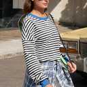 AlvaQ Womens Oversized Sweatshirt 2024 Casual Crewneck Long Sleeve Colorblock Striped Pullover Tunic Tops Outfits (L)