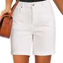 luvamia Jean Shorts for Women High Waisted Trendy Causal Summer Fold Hem Stretchy Long Denim Shorts 7 Inch Inseam (X-Large, Cream White)