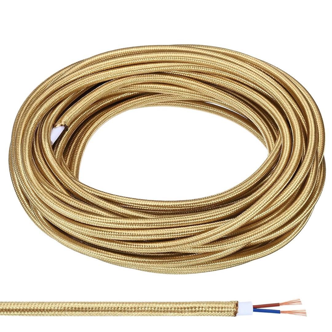 PATIKIL Fabric Cloth Covered Round Wire, 32.8ft 18AWG 2 Core Vintage Woven Electrical Cord for Pendant Light DIY Project, Light Golden