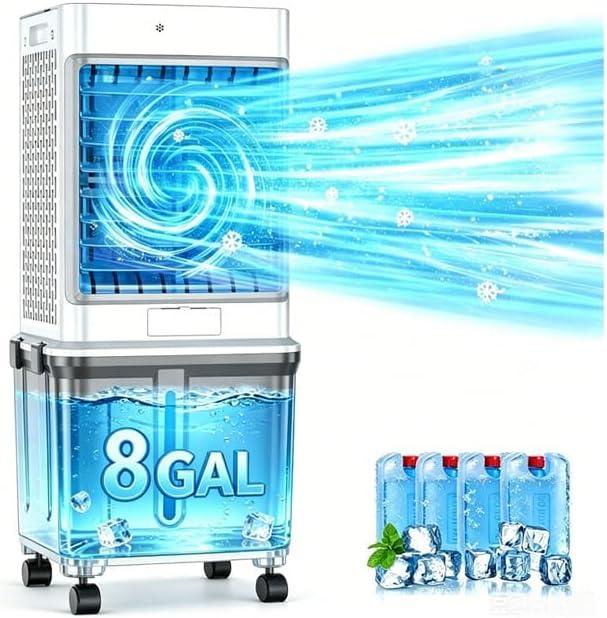 Swamp Cooler, [8GAL|2237 CFM] Portable Air Conditioners, 2 Modes 3 Speeds Portable AC Blow Cold Air, 120 Swing & 7H Timer, 30H+ Cooling, Windowless Air Conditioner w/Remote for Room, Office, Patio