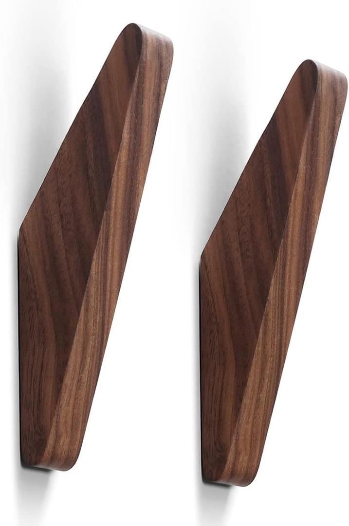2Pack Wood Hooks Wall Mounted, Minimalist Easy Install Natural Real Walnut Cute Mid Century Modern Simple Rustic Home Foyer Entryway Decor, for Hanging Hat Cap Backpack Bag Coat Towel Clothes