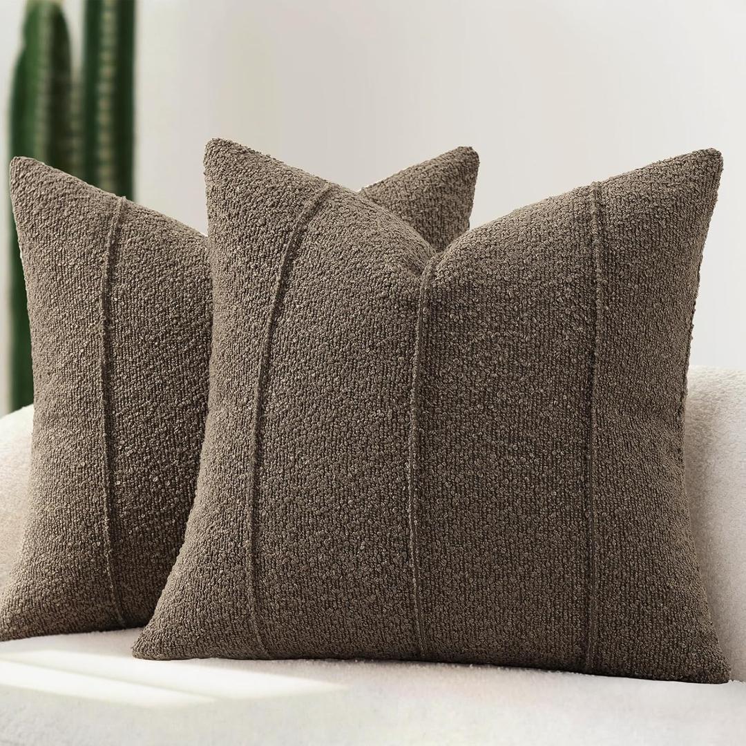 YCOLL Textured Boucle Throw Pillow Covers 24x24 Pack of 2 - Soft Neutral Striped Cushion Covers, Cozy Accent Decorative Pillow Covers for Couch, Sofa, Bed, Living Room (Brown)