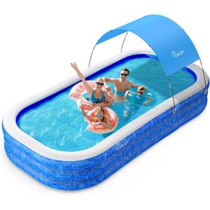 Large Inflatable Swimming Pool with Canopy, 150 x 70 x 20 Full-Sized Inflatable Pool for Kids & Adults, Kiddie Pool with Sun Shade, Blow Up Pool for Backyard, Garden, Age 3+, Blue