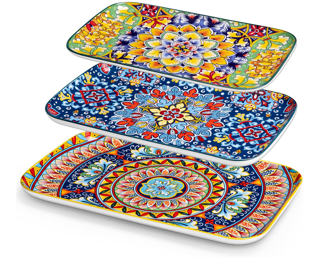 vancasso Serving Platters Set of 2, 12" Inch Rectangular Trays - Serving Platter Extra Large, Ceramic Bohemian Serving Dish for Entertaining Food, Microwave & Dishwasher Safe, Colorful