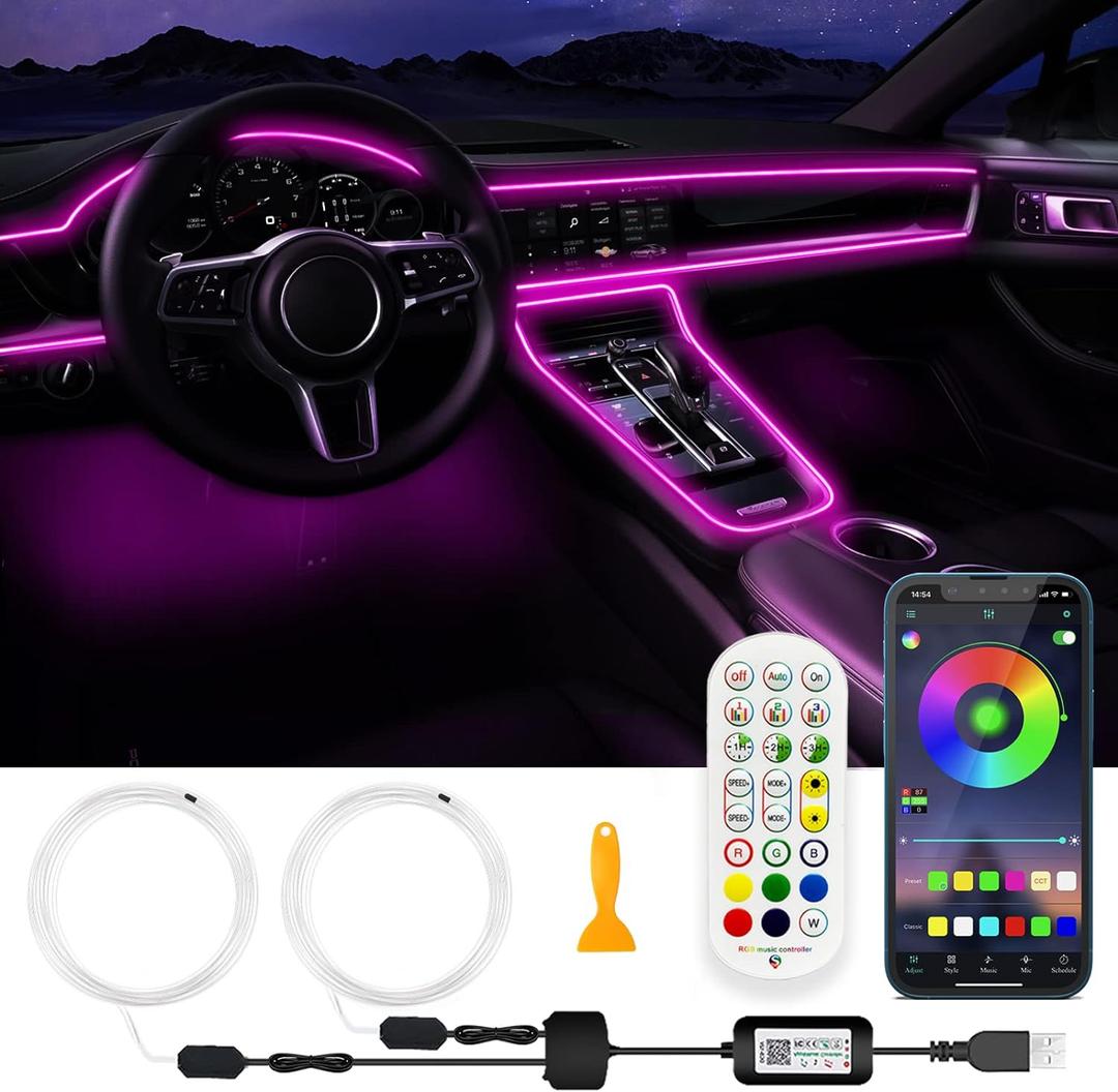 USB Car LED Lights, Interior Car Lights Strip with APP and RF Remote Control, 2 in 1 Ambient Lighting with 157 inches Fiber Optic Music Sync Simple Installation EL Wire Lights