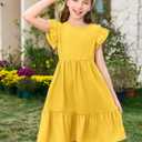 Haloumoning Girls Dresses Kids Summer Double Layer Ruffle Sleeve Dress (Yellow, S)