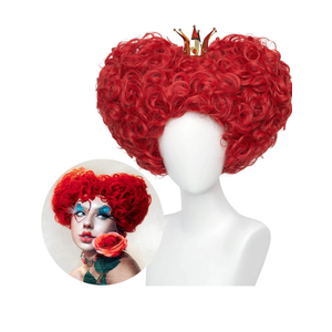 Red Heart Queen Wig Costume Women and Crown Cosplay Girls Pre-styled Fluffy Short Curly Halloween Anime Cosplay Party Wigs with Cap One Size