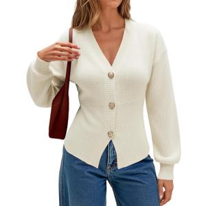ECOWISH Cardigan Sweaters for Women 2025 Fall Long Sleeve V Neck Button Down Cropped Sweater Winter Ribbed Knit Outwear (Large, 475 White)
