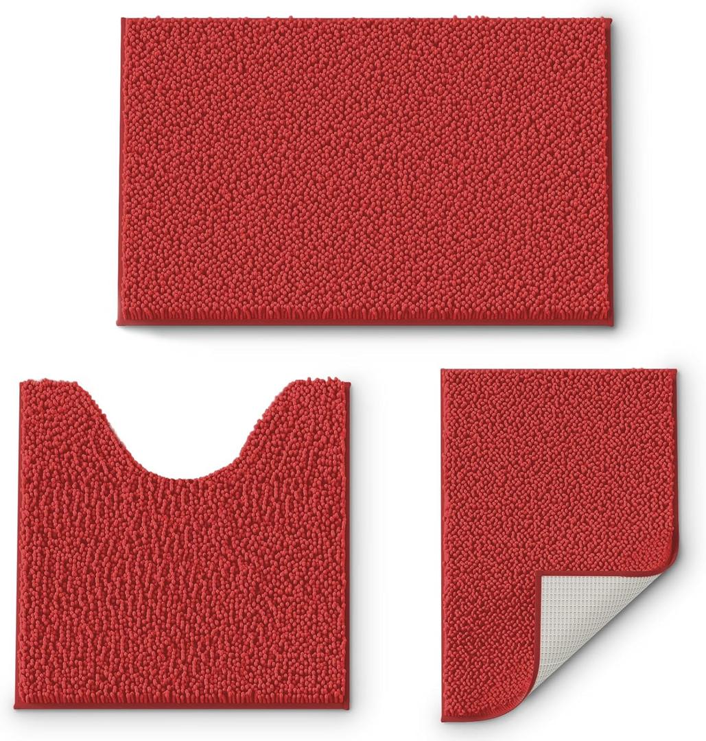 RUN HELIX Chrismats Red Bathroom Rugs Sets 3 Piece Non Slip Bath Rugs Set, Luxury Bathroom Mats, Extra Soft and Absorbent Shaggy Rugs with Toilet Rug, Bath Mat for Bathroom, Tub, Shower (16" x 24" + 20" x 32"+ 20" x 20" U shape)