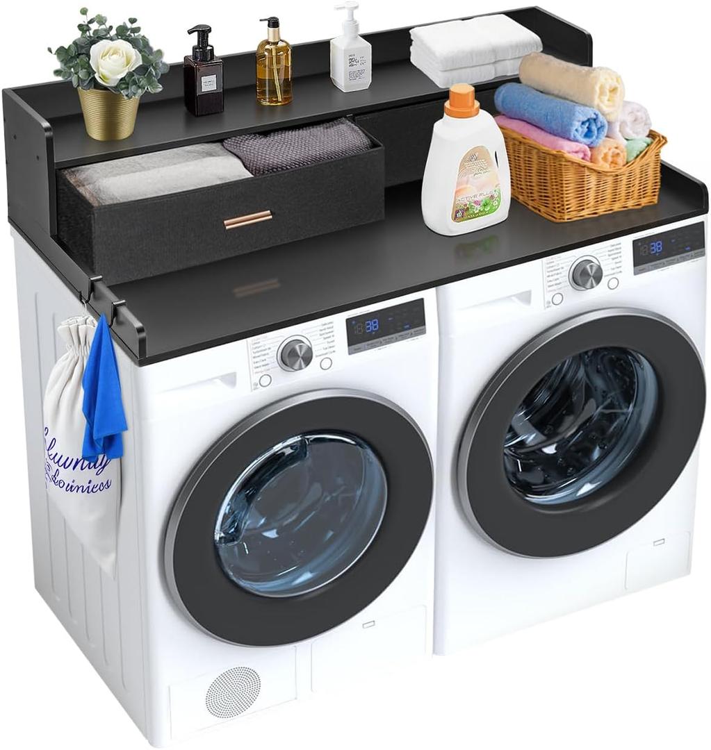 VEVOR 2 Drawers Washer Dryer Countertop with Shelf, 54" x 27" Wooden Laundry Countertop with 2 Hooks & Non-Slip Pads, Washer and Dryer Covers for The Top, Laundry Room Organization and Storage, Black