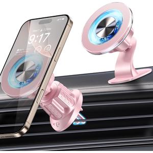 MagSafe Car Mount Magnetic Phone Holder for Car [2026 Upgraded 22X Magnets & Double-Hooks] Phone Holders for Your Car Stand for Dashboard Vent GPS for iPhone 17/16/15/14/13 Android-Pink