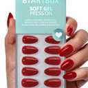BTArtbox Press On Nails Almond - Pastel Red Short Press On Nails with Glue for Women, Opaque Soft Gel Glue On Nails in 16 Sizes - 32 Stick On Nails Kit, Power Suit