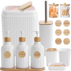 Bathroom Accessories Set White Bathroom Set with Trash Can,3PCS Lotion Soap Dispenser, Toothbrush Holder, Soap Dish, Tumbler Cup, 6pcs Wood Tags White Bath Accessories with Tray for Bathroom Decor