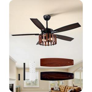 EDISHINE 52" Farmhouse Ceiling Fans with Lights and Remote, 10% - 100% Dimmable, Wood Cage & Blades, Quite Reversible DC Motor, Timer, 6 Speeds, Rustic Ceiling Fan for Bedroom Living Room, UL Listed