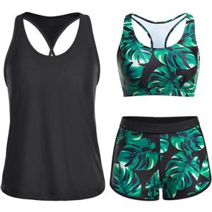 Yonique 3 Piece Athletic Tankini Swimsuits for Women with Shorts Swim Tank Tops with Sports Bra and Boyshorts Bathing Suits (Medium, Black and Green Leaves)