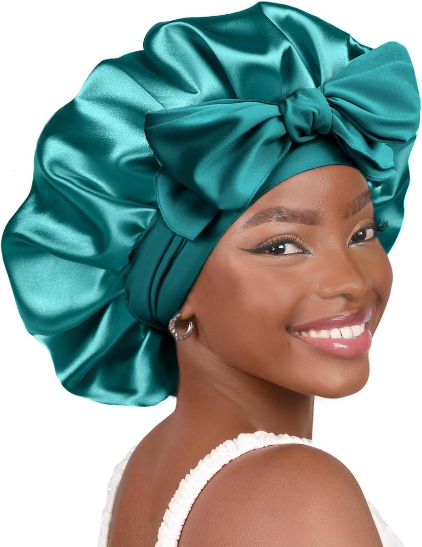 YANIBEST Adjustable Satin Bonnet for Sleeping Women Double Layer Hair Wrap Reduce Friction Prevent Frizz Natural Curly Hair (Large, Blue Zircon)