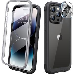 Diaclara Designed for iPhone 14 Pro Case 6.1, Full Body Rugged Case w/Built-in Touch Sensitive Anti-Scratch Screen Protector+9H Tempered Glass Camera Lens Protector (Black)