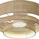 20 inches Low Profile DC Small Boho Wicker Ceiling Fan with Light Fixture and Remote,Enclosed Bamboo Rattan Caged Flush Mount Bladeless Wooden Fandelier for Kitchen Bedroom Indoor