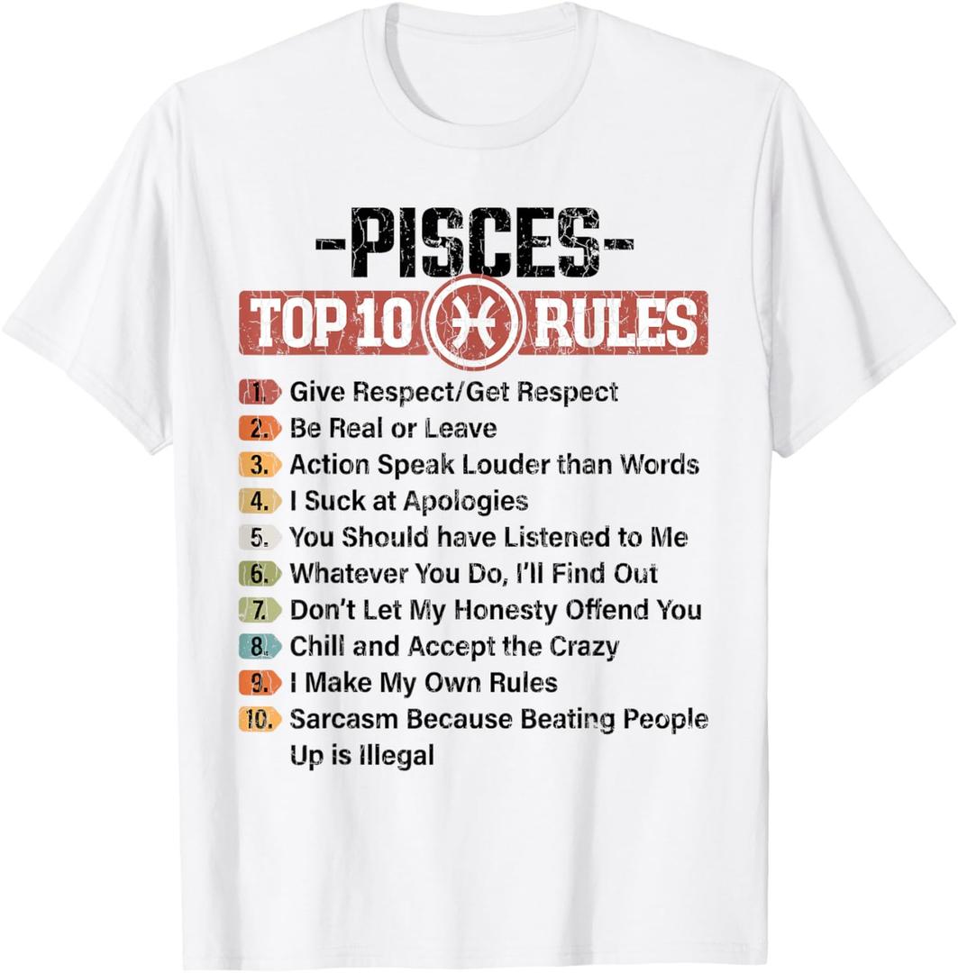 Zodiac Sign Funny Top 10 Rules Of Pisces Graphic T-Shirt (Small)