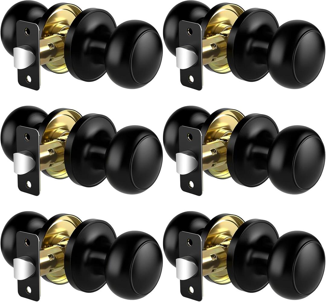 Passage Door Knobs, 6 Pack Matte Black Door Knobs, Hallway Closet Non-Locking Interior Doorknobs, Round Door Handles Keyless Reversible for Left/Right Handed Doors