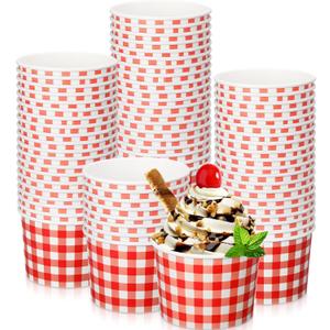 Sieral 9 oz Ice Cream Paper Cup Bowl Disposable Gingham Picnic Dessert Buffalo Plaid Snack Checkered Paper Cups Bulk Hot Cold Food Kitchen Holiday Dinner Party Favors(Red,50 Pack)