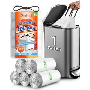 1 Gallon 100 Counts Mini Strong Drawstring Trash Bags Garbage Bags by RayPard, fit 3-4 Liter Small Trash Can, Tiny Waste Basket Liners for Home Office Bathroom Bedroom Car, White