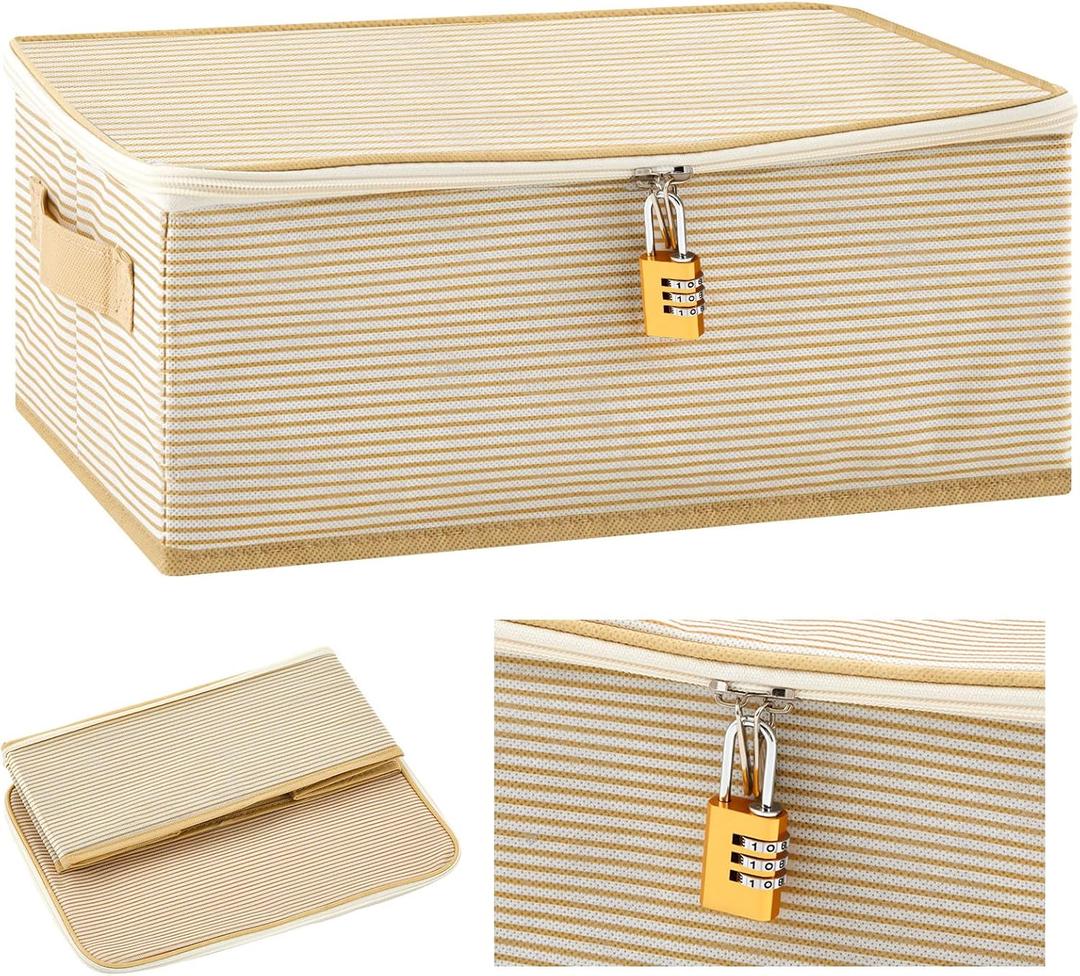 Discreet Lockable Toy Bag Storage Organizer Toy Bag Storage Bins Case with Zipper Lid 15 x 10 x 5.9 Inches for Women and Men Clothes Container(Gold Stripes)