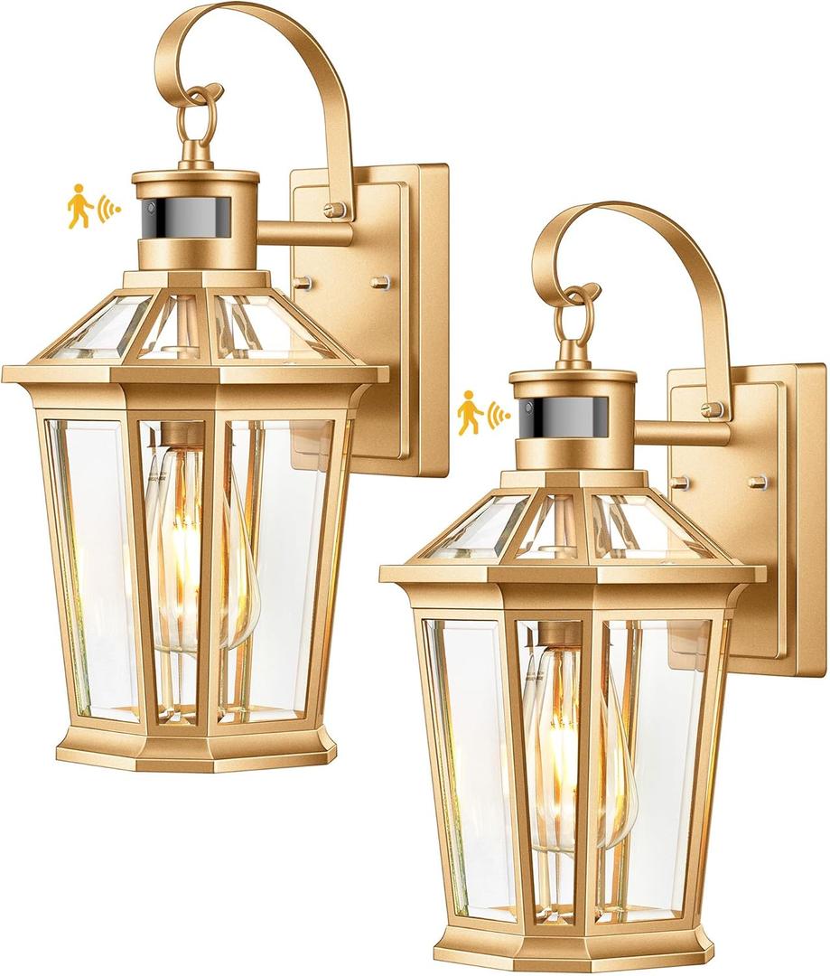 VIANIS Outdoor Wall Lights, Motion Sensor Exterior Light Fixtures Wall Mount, Waterproof Modern Gold Outside Front Porch Light, Anti-Rust Aluminum Outdoor Wall Sconce for House Garage 2 Pack