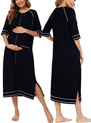Veseacky Women Robe Zipper Front House Coat 3/4 Sleeve Nightgown Full Length Ladies Lounge Dress with Pockets S-XXL M