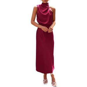 PRETTYGARDEN Women's 2026 Summer Satin Dress Elegant Sleeveless Mock Neck Cocktail Party Maxi Dresses (Deep Red)