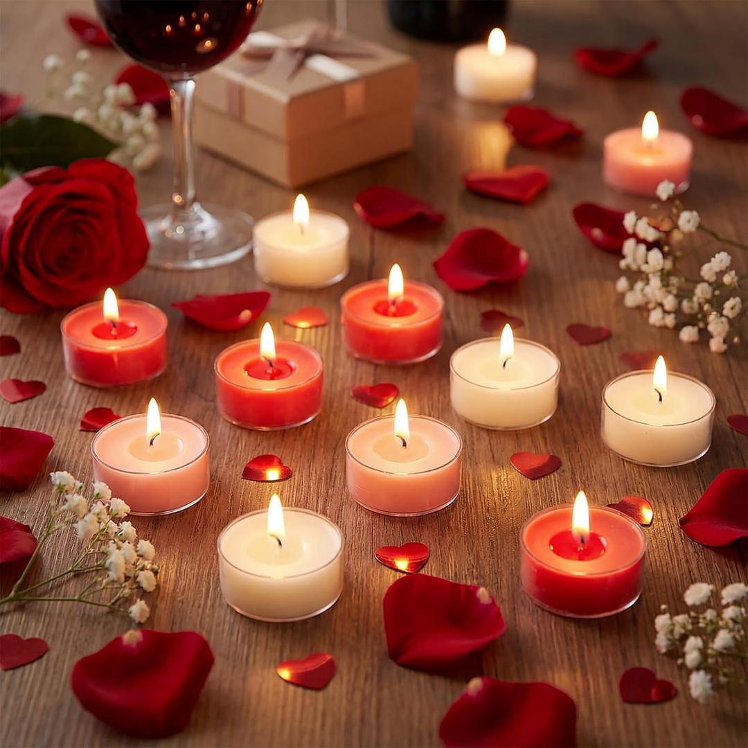 Honoson 12 Pack Valentine's Day Tea Lights Candles Tea Light Natural Wax Scented 6 Scents Conversation Candle for Spring Easter Wedding Engagement Gift Anniversary Summer Home Decor(White, Pink, Red)