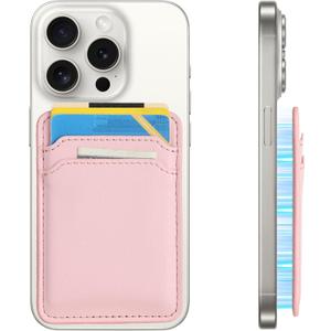 MagSafe Compatible Phone Case Wallet, Slim Pink Faux Leather Magnetic Card Holder for iPhone 12/13/14/15 Series, 5 Card Slots, RFID Blocking