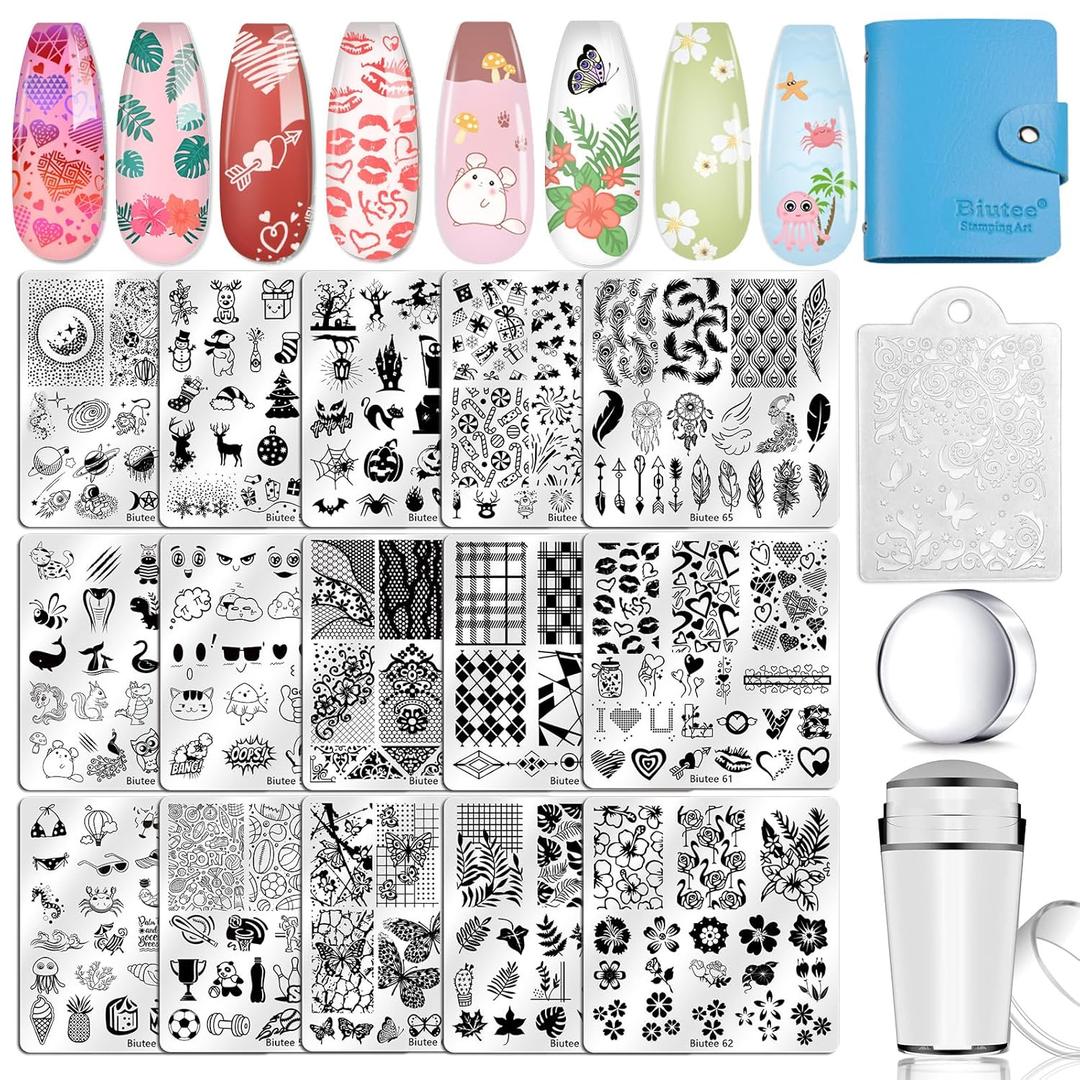 Biutee Nail Stamping Plates Set 15PCS Nail Art Stamper Scraper Nail Art Stamping Kit with Storage Bag Gift Box Nail Stamp Template Kit Lace Flower Butterfly Star Holiday Valentine's Day Design