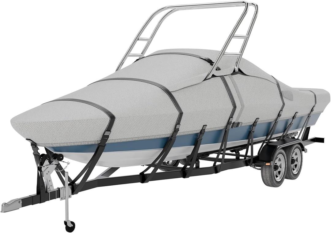 Tuszom 1200D Solution Dyed 100% Waterproof Ski & Wakeboard Tower Boat Cover with 11+6 PCS Windproof Straps Fit V-Hull Runabouts OutBoards and I/O (Gray, 20'-22'L, Beam Width to 106" W)
