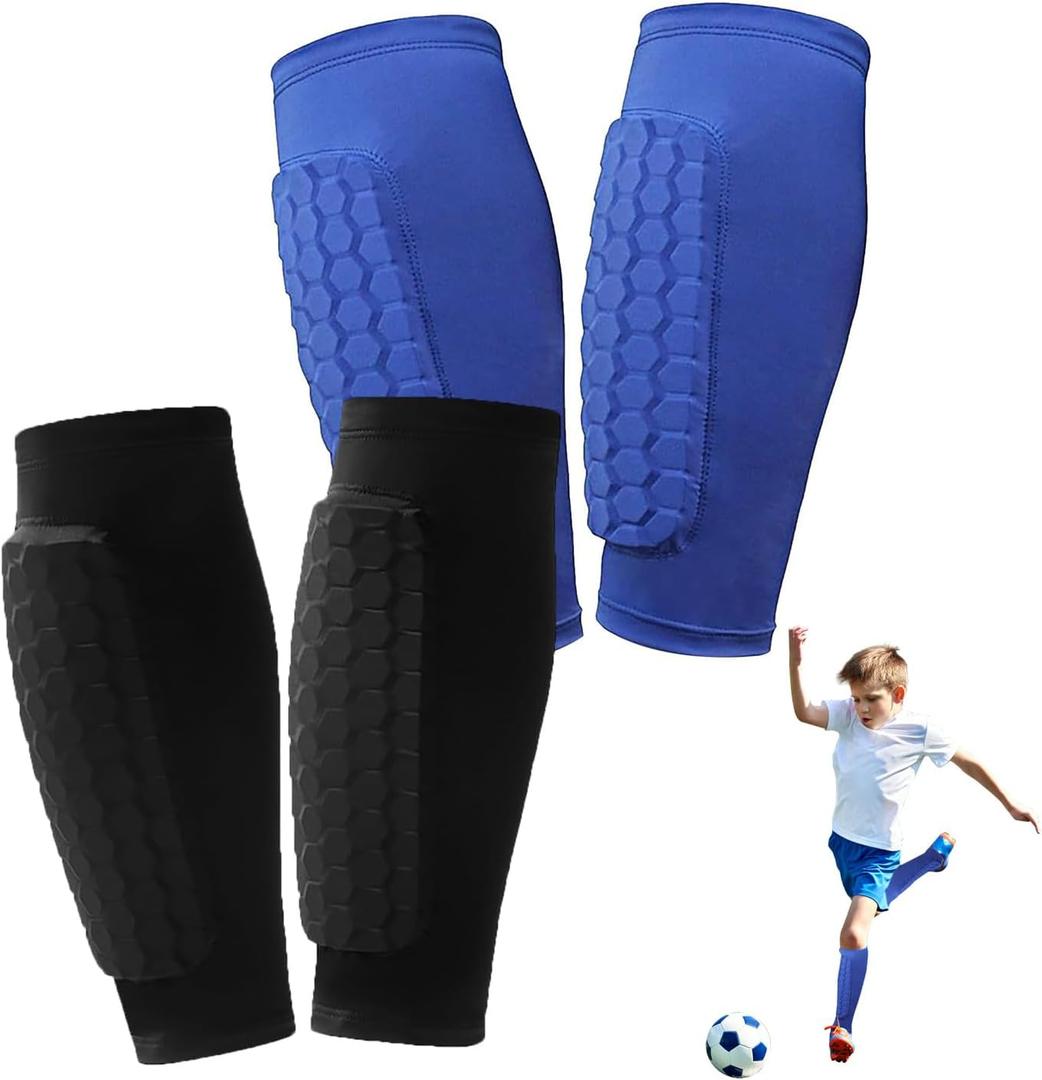 2 Pairs Soccer Shin Guards for Kids Youth Adult, Shin Guards Soccer Calf Compression Sleeve with Honeycomb Pads, Lightweight Shin Protector Support for Baseball MTB Football Boys Girls Protective Gear (X-Large, Black+Blue)