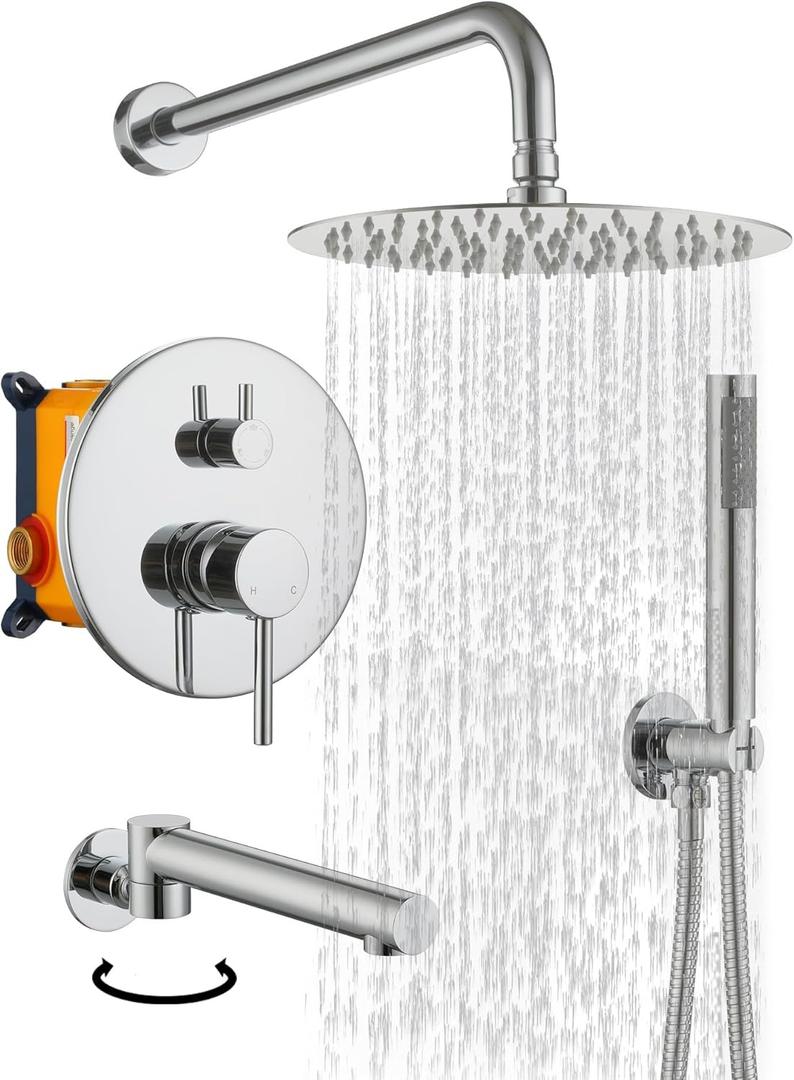 Boyel Living Shower Faucet Set with Tub Spout 10 Inches Round Rain Shower Head, Chrome 3-Function Wall Mount High Pressure Bath Tub Faucet Set with Rough-in Valve