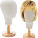 RattanView 2 Pcs Wig Stand with Head 23 Inch Linen Mannequin Head with Wooden Stand Canvas Mannequin for Hats Wigs Caps Headdress Home Store Hair Salon(Beige)