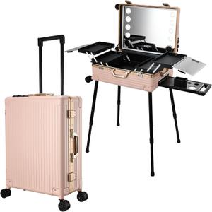 24'' Aluminum Trolley Rolling Makeup Train Case with LED Light Mirror Professional Cosmetic Travel Box with Bluetooth Speaker Make up Cosmetic Organizer Studio Nail Salon Beauty Vanity Pink