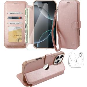 VANAVAGY Compatible for iPhone 16 Pro Max Wallet Case,RFID Flip Leather Cover with Wrist Supports Wireless Charging with Card Holder,[Glass Screen Protector & Camera Cover], Rose Gold