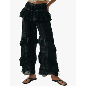 Women Lace Bloomer Pants Elastic Waist Victorian Pantaloons Ruffle Lace Trim Capris Pettipants Pajama Bottoms L