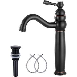 GGStudy 360 Swivel Single Handle One Hole Oil Rubbed Bronze Bathroom Vessel Sink Faucet Matching Pop Up Drain Without Overflow