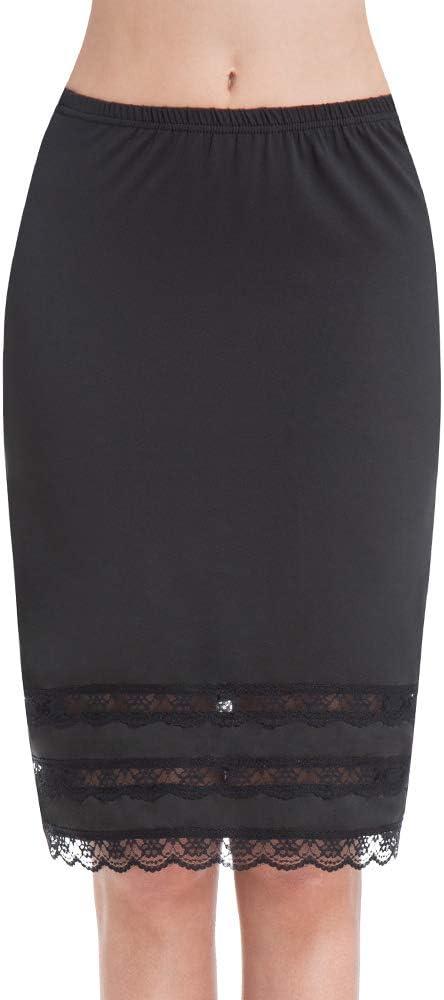 MANCYFIT Half Slips for Women Underskirt Dress Extender Lace Trim Knee Length Midi Skirt 19-26" Length (Black, S)