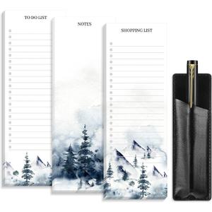 Epakh 3 Sets Grocery List Magnetic Notepad for Fridge with PU Leather Pen Holder Refrigerator Note Pad Magnet Shopping List Memo Notepads 3 x 7.9 Inch(Ink Painting)