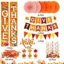 Famoby GIVE THANKS Hanging Banner Porch Sign Autumn Pumpkin Maple Leaf Backdrop Flag Banner Paper Fan&Swirls for Thanksgiving Party Decorations